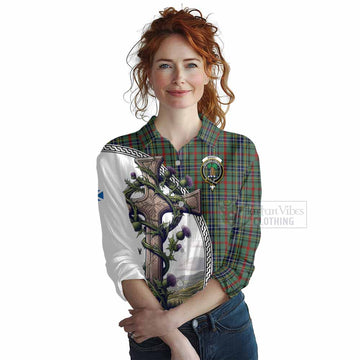Bisset Tartan Women's Casual Shirt with Family Crest and St. Andrew's Cross Accented by Thistle Vines Female - Tartan Vibes Clothing