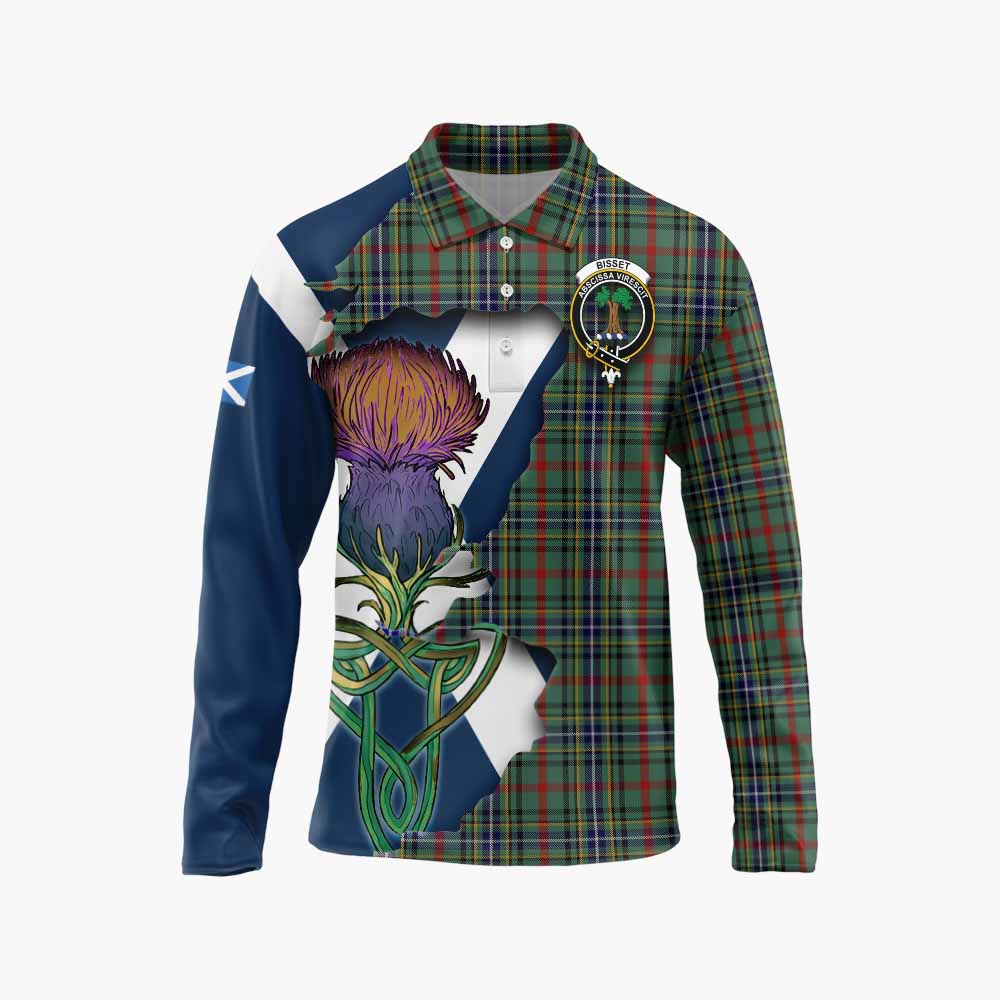 Tartan Vibes Clothing Bisset Tartan Family Crest Long Sleeve Polo Shirt Scottish Thistle Celtic Inspired