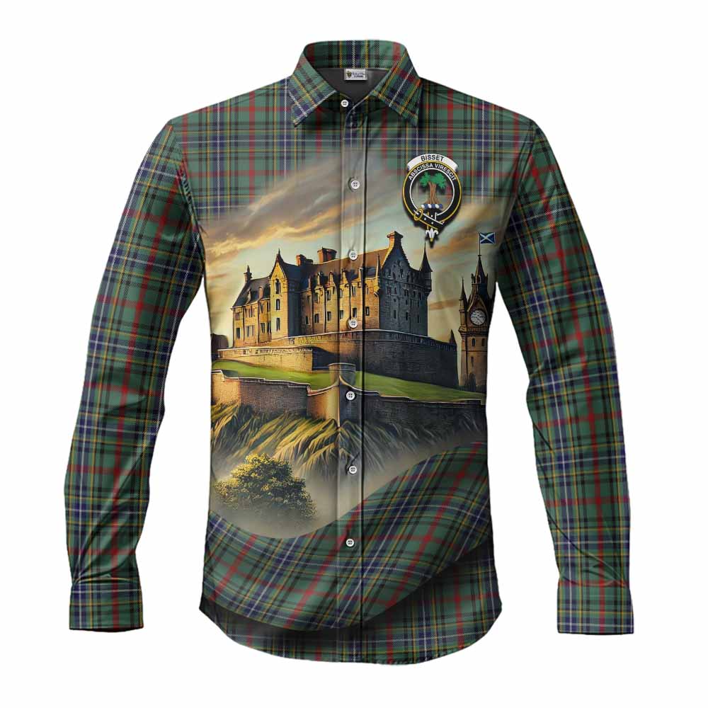 Tartan Vibes Clothing Bisset Tartan Family Crest Long Sleeve Button Shirt with Scottish Ancient Castle Style