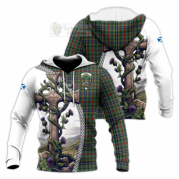 Bisset Tartan Knitted Hoodie with Family Crest and St. Andrew's Cross Accented by Thistle Vines Unisex Knitted Pullover Hoodie - Tartan Vibes Clothing