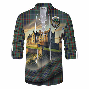 Bisset Tartan Family Crest Ghillie Kilt Shirt with Scottish Ancient Castle Style Men - Tartan Vibes Clothing