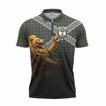 Bisset Crest Tartan Zipper Polo Shirt with Golden Lion Emblem Celtic Style Unisex - Tartan Vibes Clothing