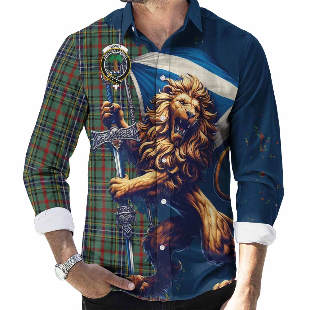 Bisset Tartan Family Crest Long Sleeve Button Shirt with Scottish Majestic Lion Men's Shirt S - Tartan Vibes Clothing