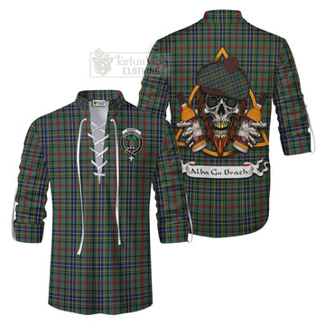 Bisset Tartan Ghillie Kilt Shirt with Family Crest and Bearded Skull Holding Bottles of Whiskey Men - Tartan Vibes Clothing