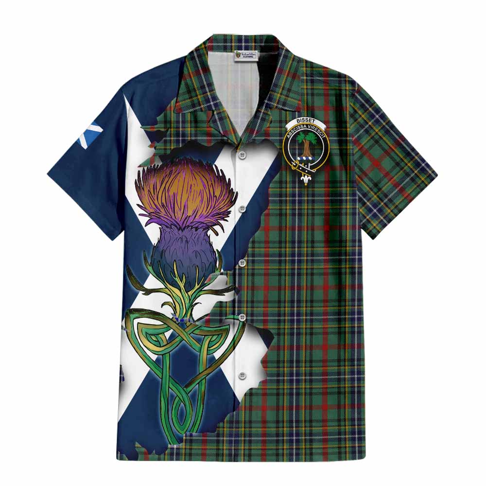 Tartan Vibes Clothing Bisset Tartan Family Crest Short Sleeve Button Shirt Scottish Thistle Celtic Inspired