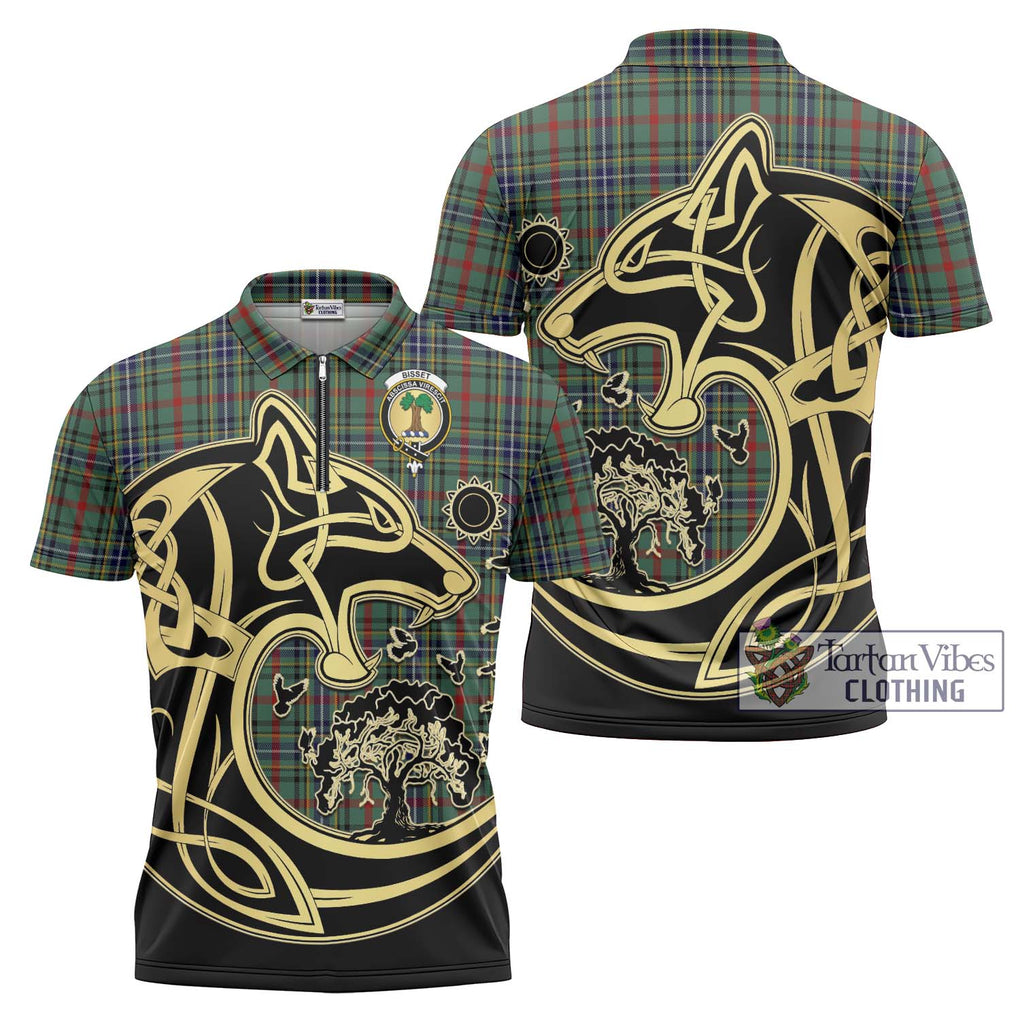 Bisset Tartan Zipper Polo Shirt with Family Crest Celtic Wolf Style Unisex - Tartan Vibes Clothing