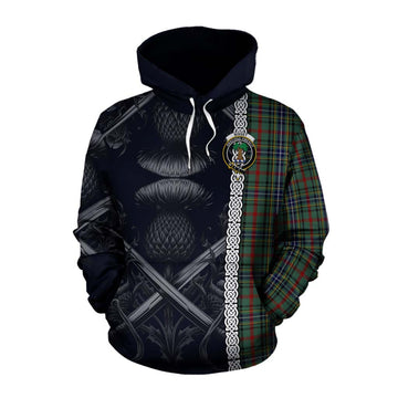 Bisset Tartan Cotton Hoodie with Family Crest Cross Sword Thistle Celtic Vibes Pullover Hoodie XS - Tartan Vibes Clothing