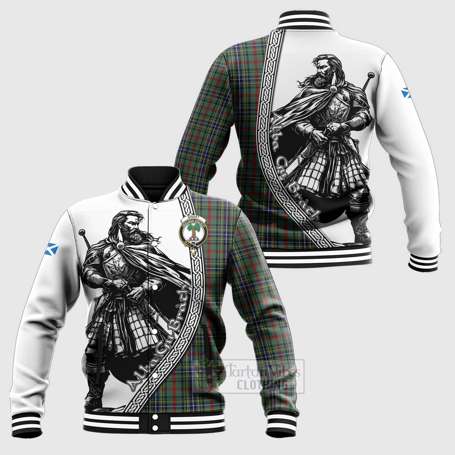 Bisset Tartan Clan Crest Baseball Jacket with Highlander Warrior Celtic Style Unisex - Tartan Vibes Clothing