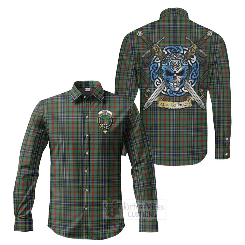 Bisset Tartan Long Sleeve Button Shirt with Family Crest Celtic Skull Style Men's Shirt S - Tartan Vibes Clothing