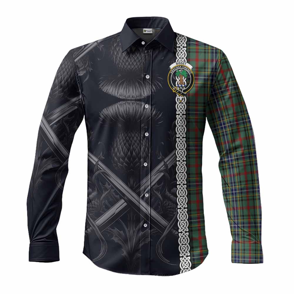 Tartan Vibes Clothing Bisset Tartan Long Sleeve Button Shirt with Family Crest Cross Sword Thistle Celtic Vibes