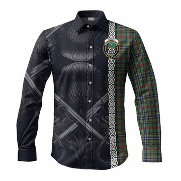 Tartan Vibes Clothing Bisset Tartan Long Sleeve Button Shirt with Family Crest Cross Sword Thistle Celtic Vibes