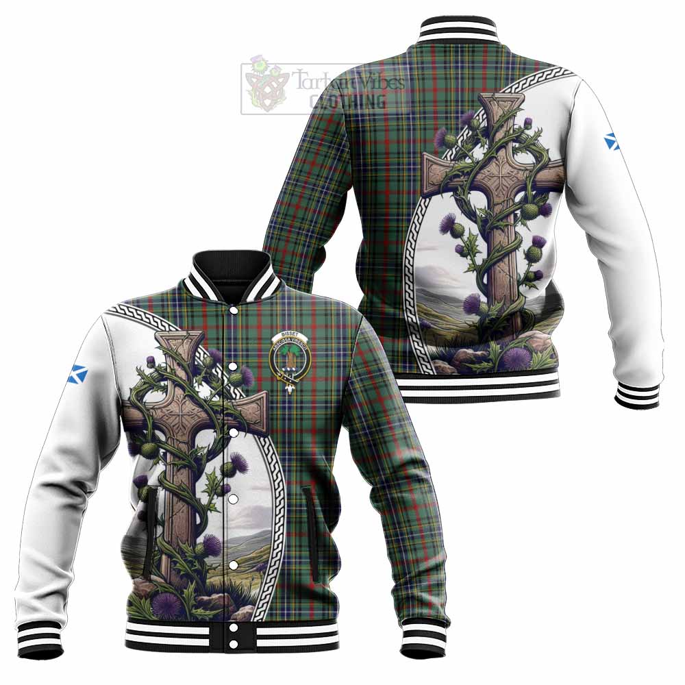 Bisset Tartan Baseball Jacket with Family Crest and St. Andrew's Cross Accented by Thistle Vines Unisex - Tartan Vibes Clothing