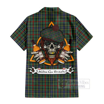 Bisset Tartan Hawaiian Shirt with Family Crest and Bearded Skull Holding Bottles of Whiskey - Tartan Vibes Clothing