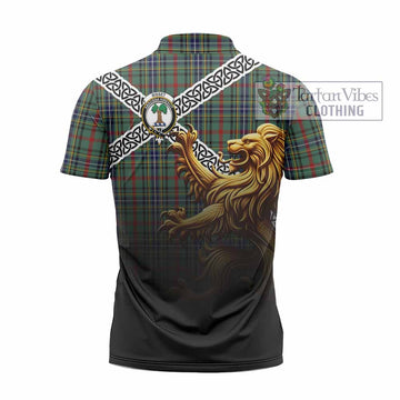 Bisset Crest Tartan Zipper Polo Shirt with Golden Lion Emblem Celtic Style - Tartan Vibes Clothing