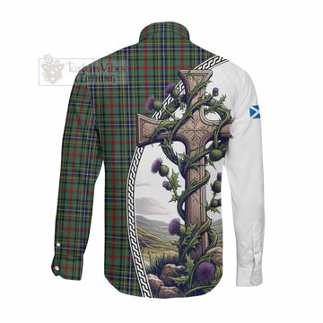 Bisset Tartan Long Sleeve Button Shirt with Family Crest and St. Andrew's Cross Accented by Thistle Vines Men's Shirt - Tartan Vibes Clothing