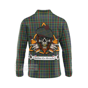 Bisset Tartan Long Sleeve Polo Shirt with Family Crest and Bearded Skull Holding Bottles of Whiskey - Tartan Vibes Clothing