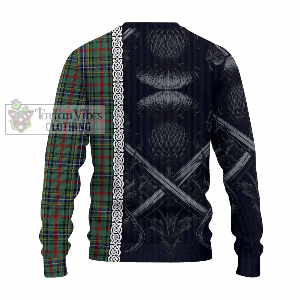 Bisset Tartan Knitted Sweater with Family Crest Cross Sword Thistle Celtic Vibes - Tartan Vibes Clothing