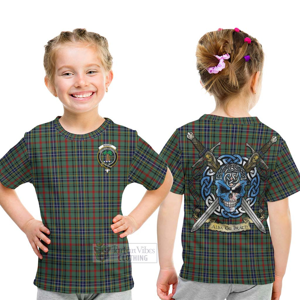 Bisset Tartan Kid T-Shirt with Family Crest Celtic Skull Style - Tartan Vibes Clothing