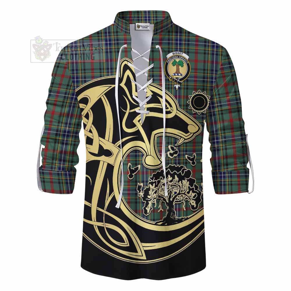 Bisset Tartan Ghillie Kilt Shirt with Family Crest Celtic Wolf Style - Tartan Vibes Clothing