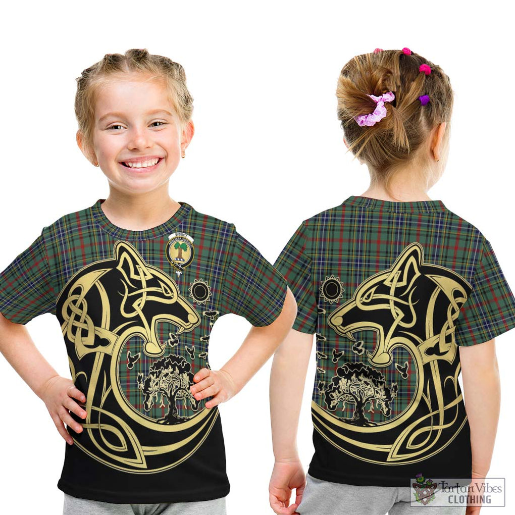 Bisset Tartan Kid T-Shirt with Family Crest Celtic Wolf Style - Tartan Vibes Clothing