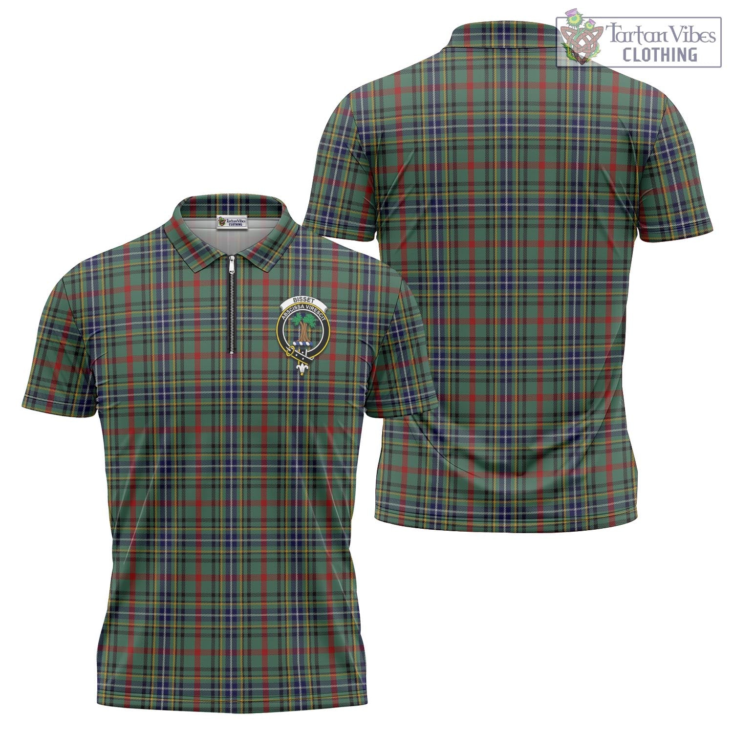 Bisset Tartan Zipper Polo Shirt with Family Crest - Tartan Vibes Clothing