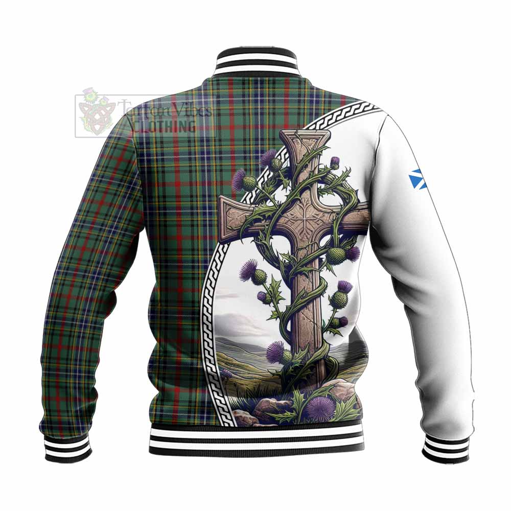 Bisset Tartan Baseball Jacket with Family Crest and St. Andrew's Cross Accented by Thistle Vines - Tartan Vibes Clothing