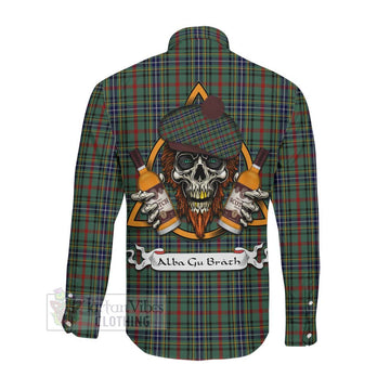 Bisset Tartan Long Sleeve Button Shirt with Family Crest and Bearded Skull Holding Bottles of Whiskey Men's Shirt - Tartan Vibes Clothing