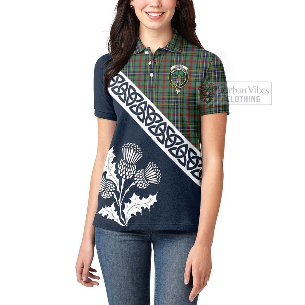 Bisset Tartan Women's Polo Shirt Featuring Thistle and Scotland Map - Tartanvibesclothing Store
