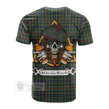 Tartan Vibes Clothing Bisset Tartan Cotton T-shirt with Family Crest and Bearded Skull Holding Bottles of Whiskey