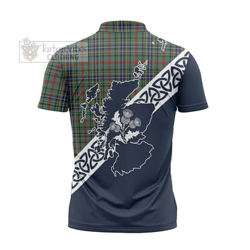 Bisset Tartan Zipper Polo Shirt Featuring Thistle and Scotland Map - Tartanvibesclothing Store