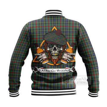 Bisset Tartan Baseball Jacket with Family Crest and Bearded Skull Holding Bottles of Whiskey - Tartan Vibes Clothing