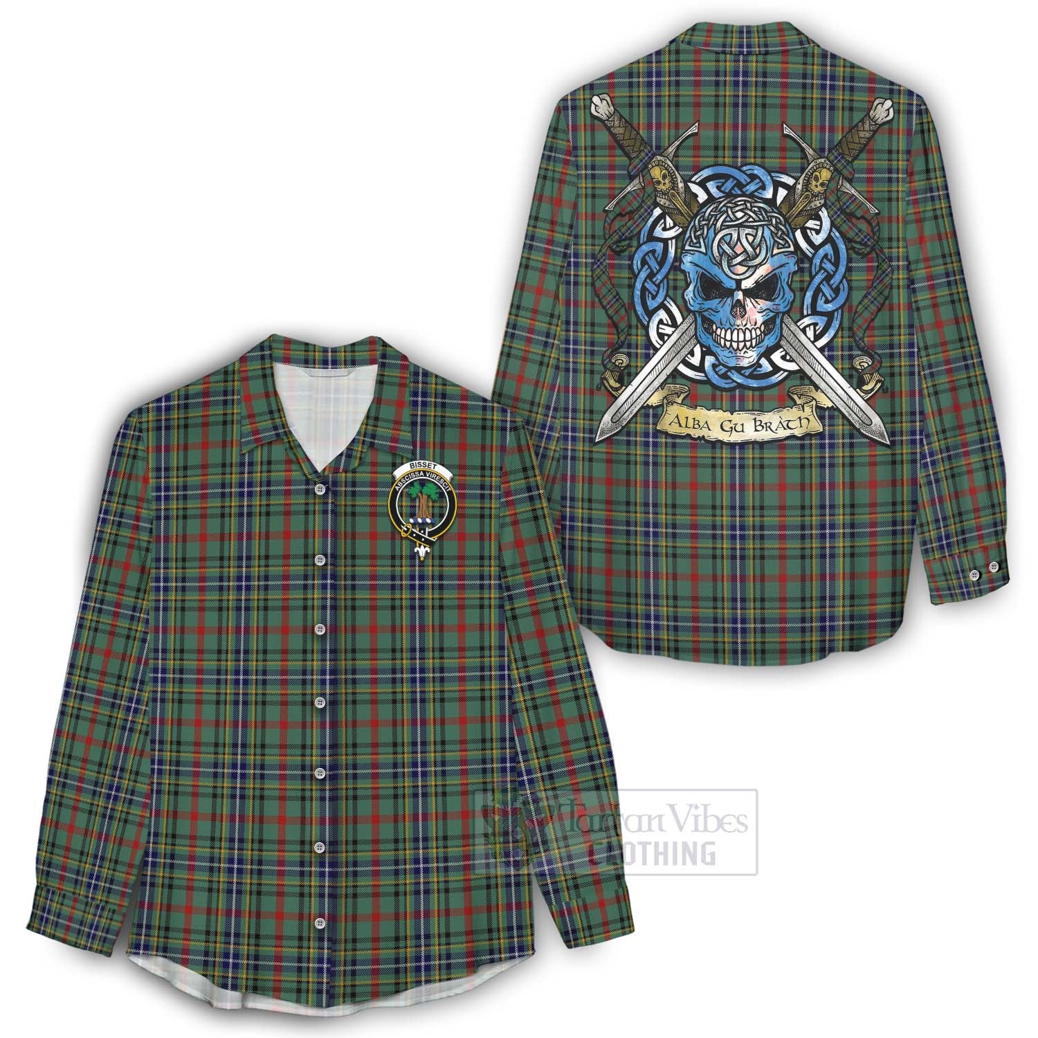 Bisset Tartan Women's Casual Shirt with Family Crest Celtic Skull Style - Tartan Vibes Clothing