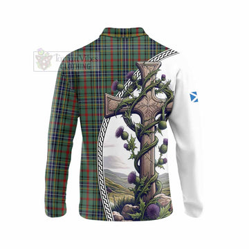 Bisset Tartan Long Sleeve Polo Shirt with Family Crest and St. Andrew's Cross Accented by Thistle Vines - Tartan Vibes Clothing