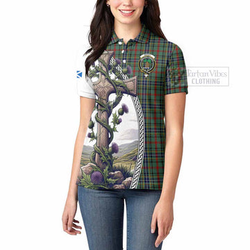 Bisset Tartan Women's Polo Shirt with Family Crest and St. Andrew's Cross Accented by Thistle Vines - Tartan Vibes Clothing