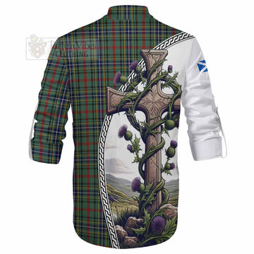 Bisset Tartan Ghillie Kilt Shirt with Family Crest and St. Andrew's Cross Accented by Thistle Vines - Tartan Vibes Clothing