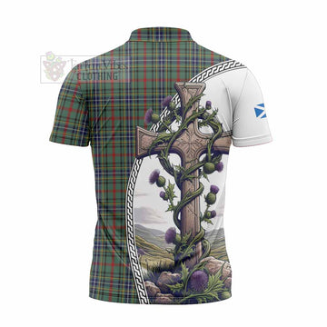 Bisset Tartan Zipper Polo Shirt with Family Crest and St. Andrew's Cross Accented by Thistle Vines - Tartan Vibes Clothing