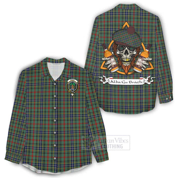 Bisset Tartan Women's Casual Shirt with Family Crest and Bearded Skull Holding Bottles of Whiskey - Tartan Vibes Clothing