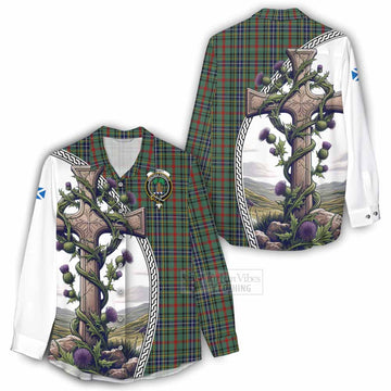 Bisset Tartan Women's Casual Shirt with Family Crest and St. Andrew's Cross Accented by Thistle Vines - Tartan Vibes Clothing