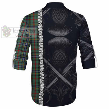 Bisset Tartan Ghillie Kilt Shirt with Family Crest Cross Sword Thistle Celtic Vibes - Tartan Vibes Clothing