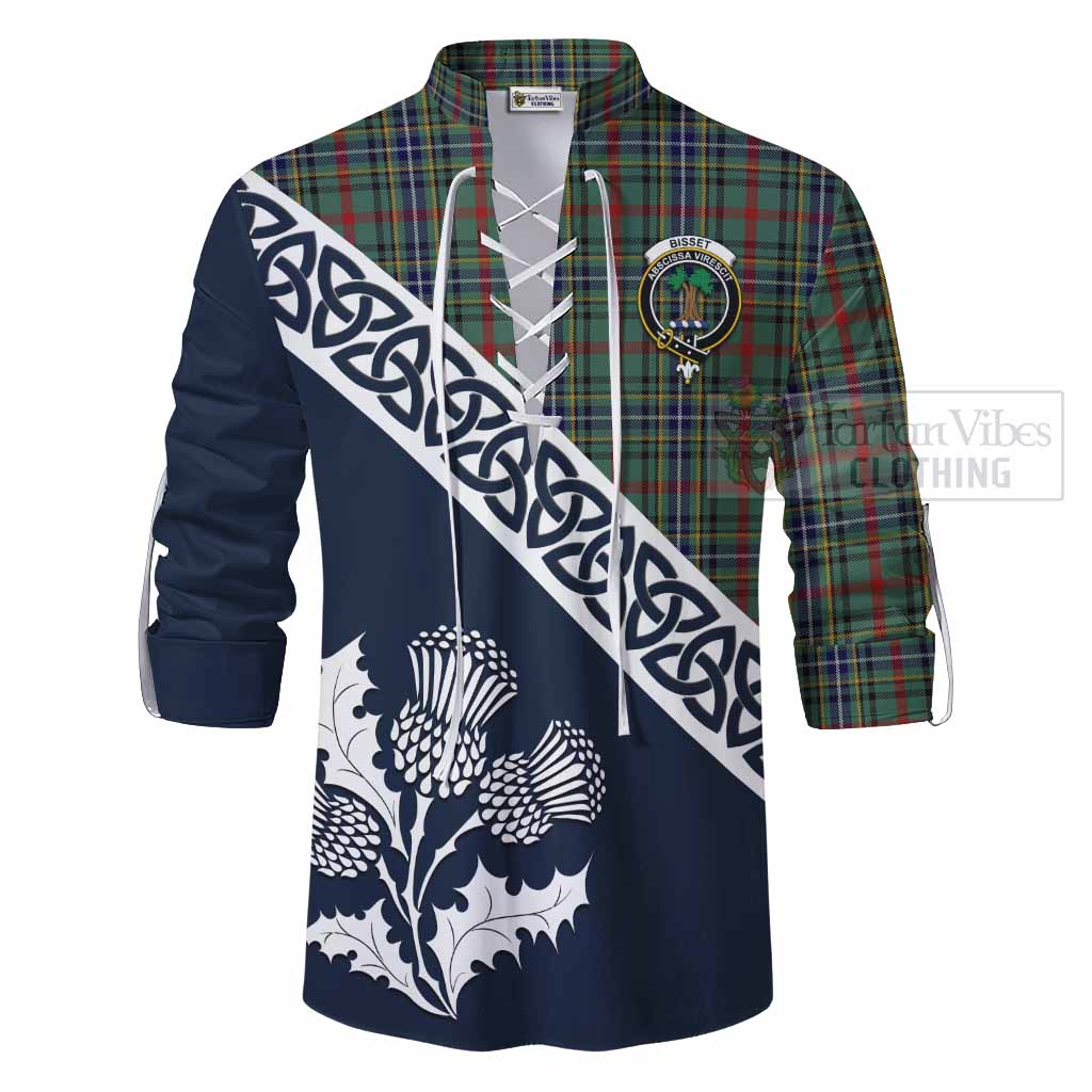 Bisset Tartan Ghillie Kilt Shirt Featuring Thistle and Scotland Map - Tartan Vibes Clothing