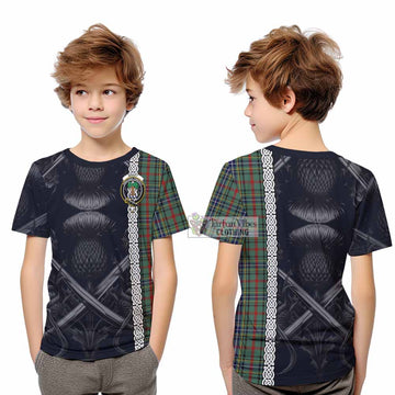 Bisset Tartan Kid T-Shirt with Family Crest Cross Sword Thistle Celtic Vibes - Tartan Vibes Clothing