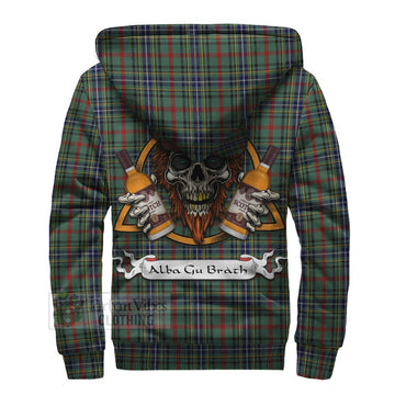 Bisset Tartan Sherpa Hoodie with Family Crest and Bearded Skull Holding Bottles of Whiskey - Tartan Vibes Clothing