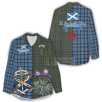 Bisset Tartan Women's Casual Shirt Happy St. Andrew's Day Half Tartan Style - Tartan Vibes Clothing