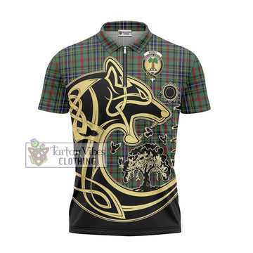 Bisset Tartan Zipper Polo Shirt with Family Crest Celtic Wolf Style - Tartan Vibes Clothing