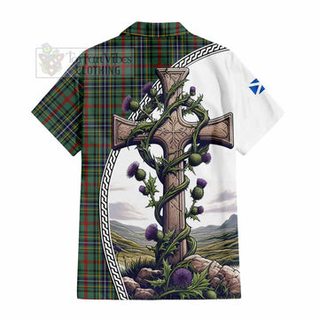 Bisset Tartan Hawaiian Shirt with Family Crest and St. Andrew's Cross Accented by Thistle Vines - Tartan Vibes Clothing