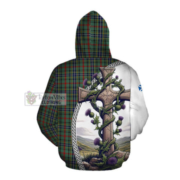 Bisset Tartan Cotton Hoodie with Family Crest and St. Andrew's Cross Accented by Thistle Vines Pullover Hoodie - Tartan Vibes Clothing