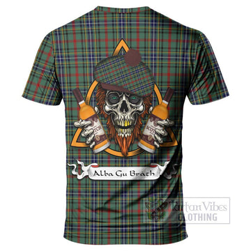 Bisset Tartan T-Shirt with Family Crest and Bearded Skull Holding Bottles of Whiskey - Tartan Vibes Clothing