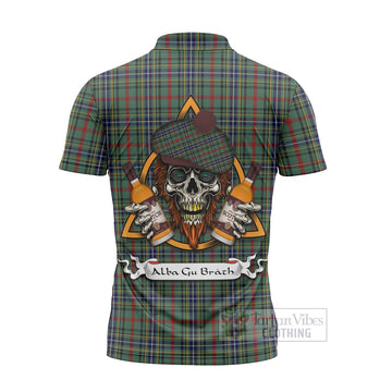 Bisset Tartan Zipper Polo Shirt with Family Crest and Bearded Skull Holding Bottles of Whiskey - Tartan Vibes Clothing