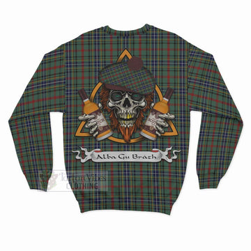 Bisset Tartan Sweatshirt with Family Crest and Bearded Skull Holding Bottles of Whiskey - Tartan Vibes Clothing
