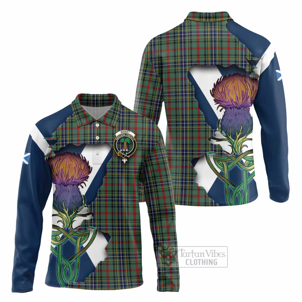 Tartan Vibes Clothing Bisset Tartan Family Crest Long Sleeve Polo Shirt Scottish Thistle Celtic Inspired